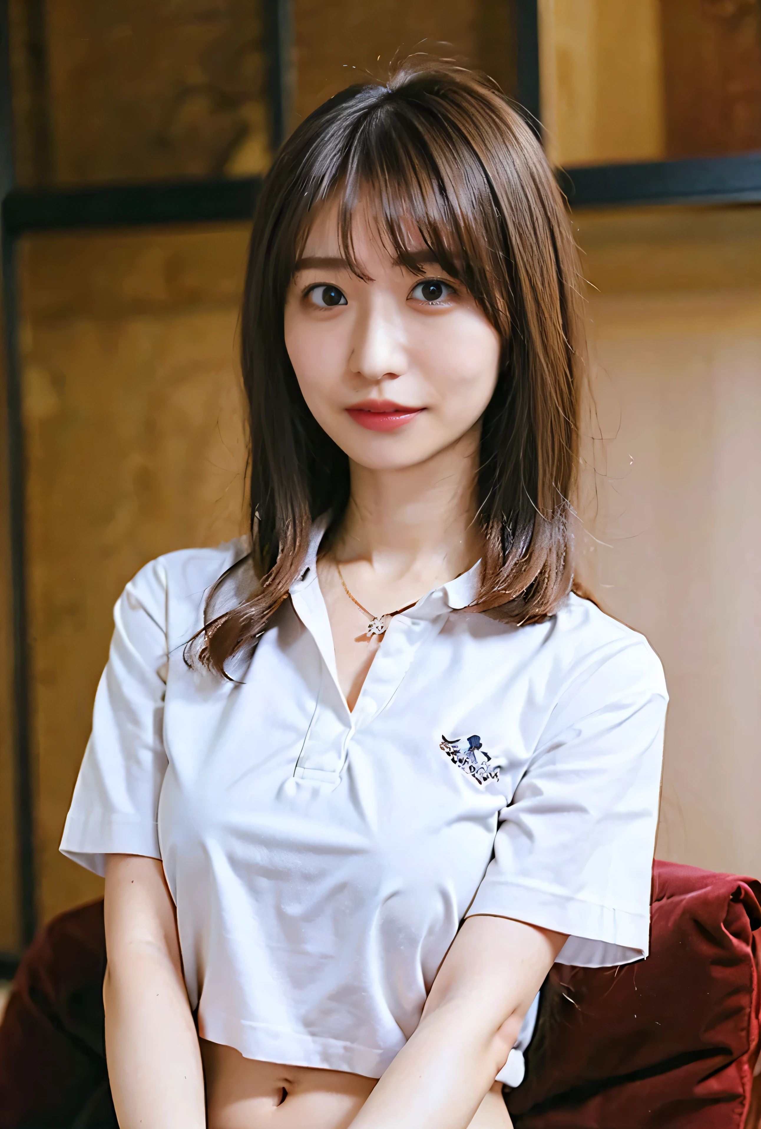 ((Both hands are in front of the navel、Blushing、Belly button、A photo of her panties showing through a short polo shirt、Hands roll up shirt、She is wearing a navy polo shirt and luxurious white panties.、:1.4))、Being in the living room、Length cream hair color、Her huge breasts are obvious even through her clothes..、Small earrings、Light brown hair color、:1.4))、Shiny Hair、Light beige hair color、Background Blur、Light brown hair、{{Cowgirl Shot}}、((Close-up shot from the waist up、Big Breasts:1.4))、Big Breasts、Smile、Big Breasts that can be seen even through clothes、Cowboy Shot、A lovely smile、((Revealing clothing))、Full body photo、ring、Tuck your hair behind one ear、Silver Necklace、smile、Caustics、Highly detailed photos、Big Breasts、Super no makeup、(8K、RAW Photos、Highest quality、masterpiece:1.2)、(Realistic、Realistic)、1 Girl、((Big Breastsショートヘア、Looking into the camera:1.4))、Hair blowing in the wind