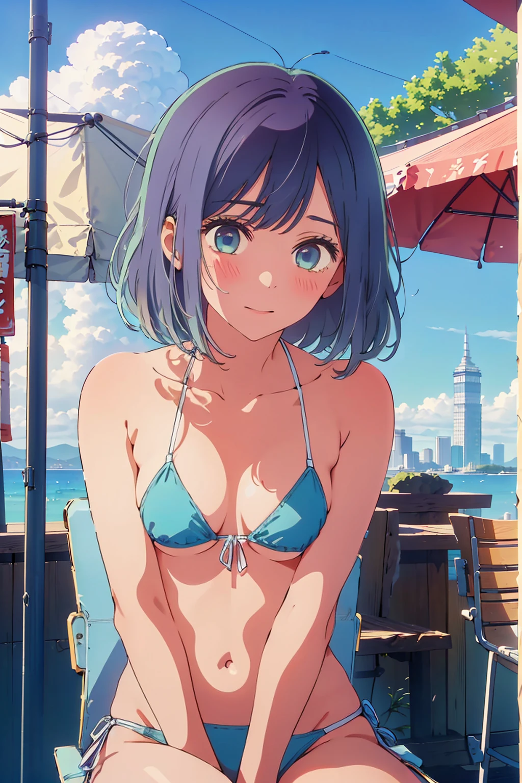 (Highest quality:1.4、8K:1.4、detailed)、F cup bust、Big Breasts、Slim body、Very white beautiful skin、((((1 person、Surprised expression、sit、Chair、 the background are the urban buildings of Tokyo、looking at the camera、Outdoor café terrace、coastal、Navy hair color、juice、Shooting up close、table))))、(Pose of putting hair behind ears with hands:1.4）、((nude、Areola、Small size bikini))、((((Very cute face))))、Very blue sky、A completely cloudless sky