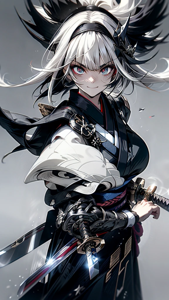 Short Hair, bangs, curtained hair, crossed bangs, Long hair, Messy hair, pony tails, bangs, curtained hair, crossed bangs, Messy hair, pony tails, Big hair, ((37Old woman)), hair ear, hair tying, hair flaps, widow peak, head gear, Hair ribbon, kanzashi, hairpods, white hair ribbon, Moles under eyes, Raised eyebrows, eyeball, Evil smile, crazy, Shy, scowling, jitome, gloom (expression), Seductive smile, anime big breast, Minimalism, Anime style, anime big breast, Minimalism, Anime style, angle of view, From above, hyper HD, retinas, Masterpiece, ccurate, Textured skin, Super detail, High quality, High details, Award-Awarded, (Best quality), A high resolution, 16K, hyper HD, retinas, Masterpiece, ccurate, Textured skin,((Japanese sword)) Super detail, (High quality), High details, Award-Awarded, Best quality), (A high resolution, 16K(((White skin))((Carrying a sword))