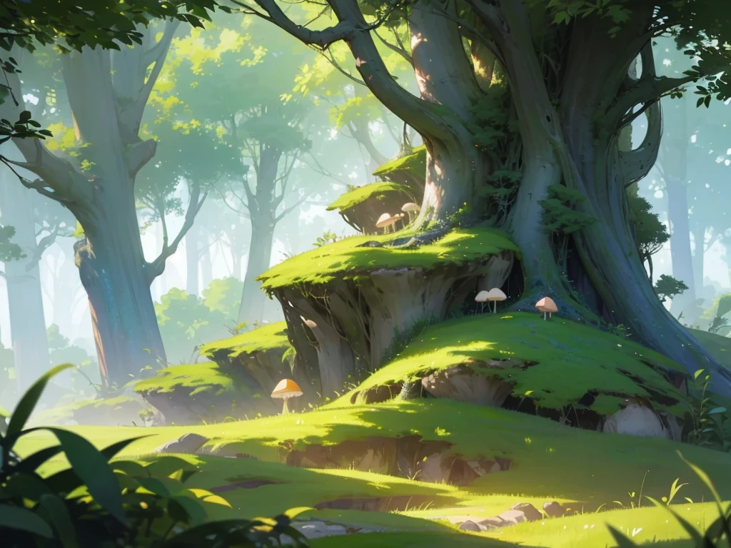 a fantastical forest landscape, lush greenery, sunbeams streaming through the canopy, magical atmosphere, ( best quality, 4k, 8k, highres, masterpiece:1.2), ultra-detailed, (realistic, photorealistic, photo-realistic:1.37), intricate foliage, detailed trees, mystical lighting, glowing mushrooms, ethereal mist, dreamy depth of field, fantasy, landscape, cinematic, vibrant colors, natural colors