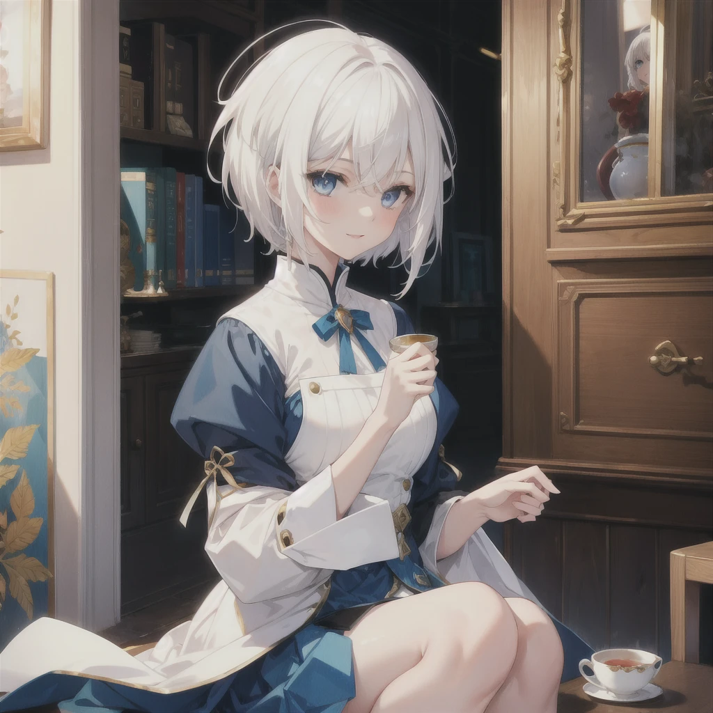 a girl sitting on a chair, (holding a book), contemplative expression, autumn scenery through a window, warm lighting, detailed facial features, realistic, 1 girl, detailed dress, soft focus, cinematic mood, (best quality,4k,8k,highres,masterpiece:1.2),ultra-detailed,(realistic,photorealistic,photo-realistic:1.37),beautiful detailed eyes,beautiful detailed lips,extremely detailed eyes and face,longeyelashes,autumn leaves, cozy interior, warm color palette, soft lighting, introspective pose