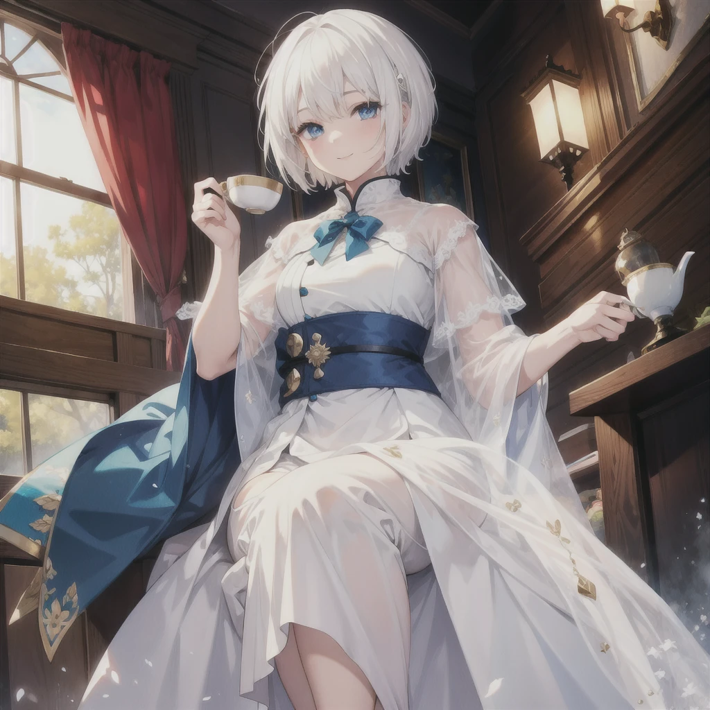 (masterpiece, Highest quality:1.2), One Girl, alone (((White Hair Short Hair blue eyes noble))) ((Noble clothes Drinking tea)) (smile) Shining Edge