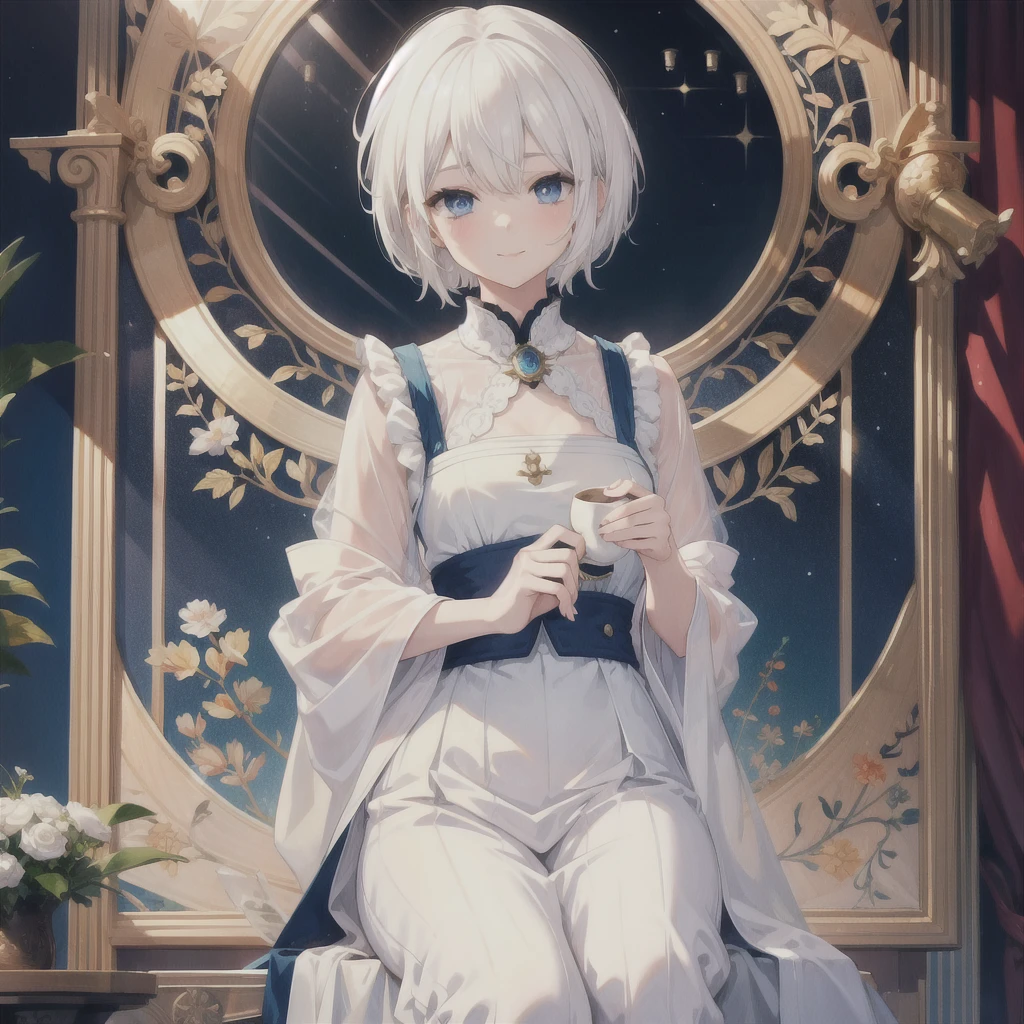 (masterpiece, Highest quality:1.2), One Girl, alone (((White Hair Short Hair blue eyes noble))) ((Noble clothes Drinking tea)) (smile) Shining Edge
