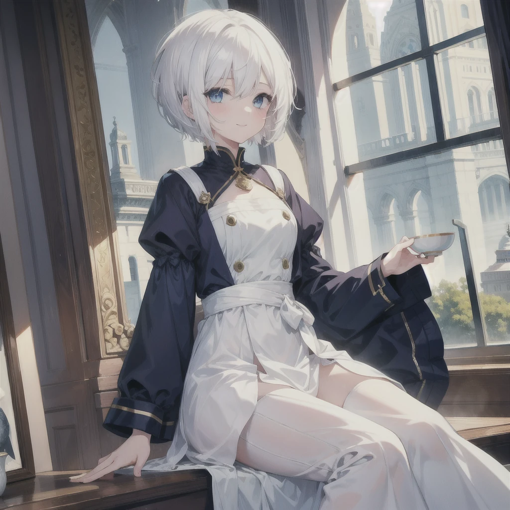 (masterpiece, Highest quality:1.2), One Girl, alone　(((White Hair　Short Hair　blue eyes　noble)))　((Noble clothes　Drinking tea))　(smile)　Shining Edge