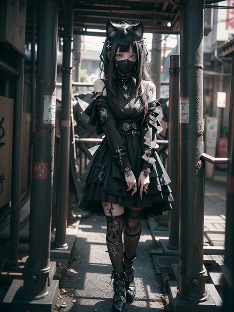Highest quality、8K、masterpiece:1.3、Gothic Punk、The inside color is red、Black-haired、hair ornaments、Beautiful girl、creative、Dark Fantasy Style、Neogoth、Goth Fashion:1.2、High resolution、masterpiece、Highest quality、頭w:1.3、((Hasselblad Photos))、Fine skin、Sharp focus、(Cinematic lighting)、Realistic textured hair、((Black Mask)),Esbian all over、((View from below))