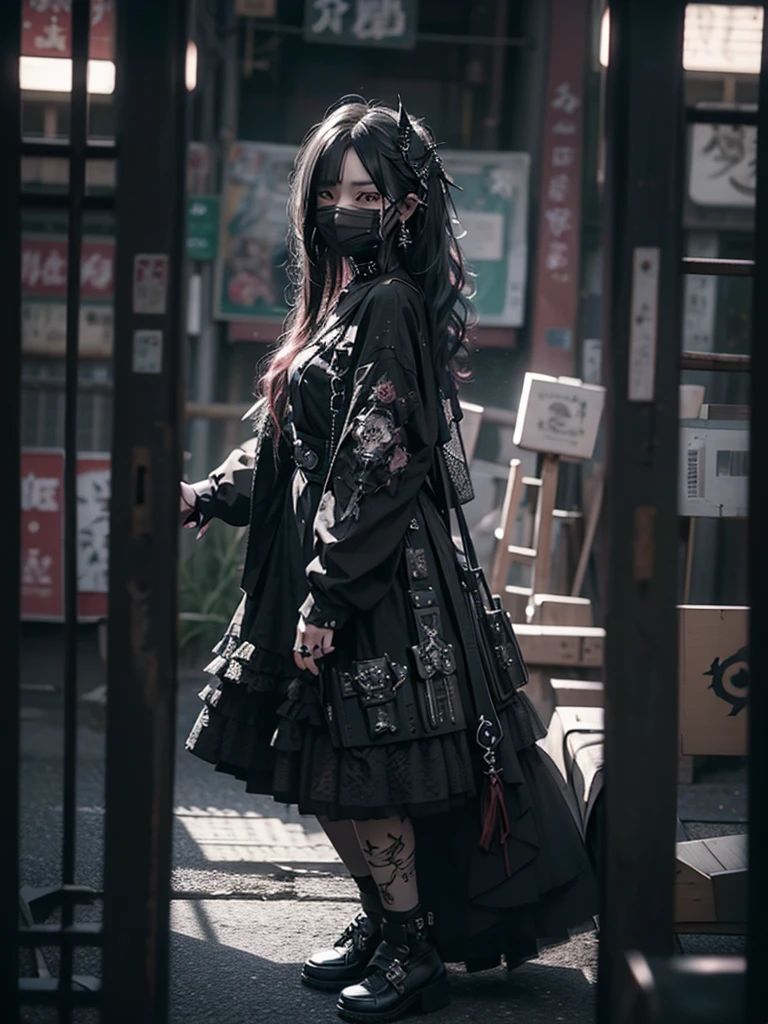 Highest quality、8K、masterpiece：1.3、Gothic Punk、The inside color is red、Black-haired、hair ornaments、Beautiful girl、creative、Dark Fantasy Style、Neogoth、Goth Fashion：1.2、High resolution、masterpiece、Highest quality、頭w:1.3、((Hasselblad Photos))、Fine skin、Sharp focus、(Cinematic lighting)、Realistic textured hair、((Black Mask)),Esbian all over、((View from below))