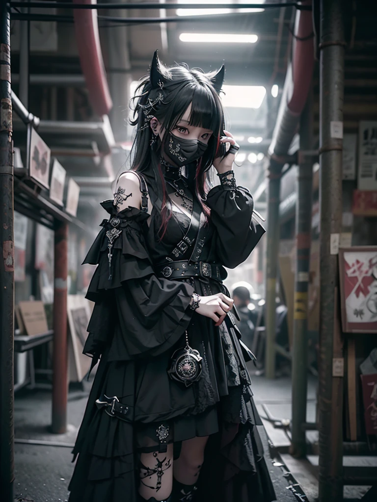 Highest quality、8K、masterpiece:1.3、Gothic Punk、The inside color is red、Black-haired、hair ornaments、Beautiful girl、creative、Dark Fantasy Style、Neogoth、Goth Fashion:1.2、High resolution、masterpiece、Highest quality、頭w:1.3、((Hasselblad Photos))、Fine skin、Sharp focus、(Cinematic lighting)、Realistic textured hair、((Black Mask)),Esbian all over、((View from below))