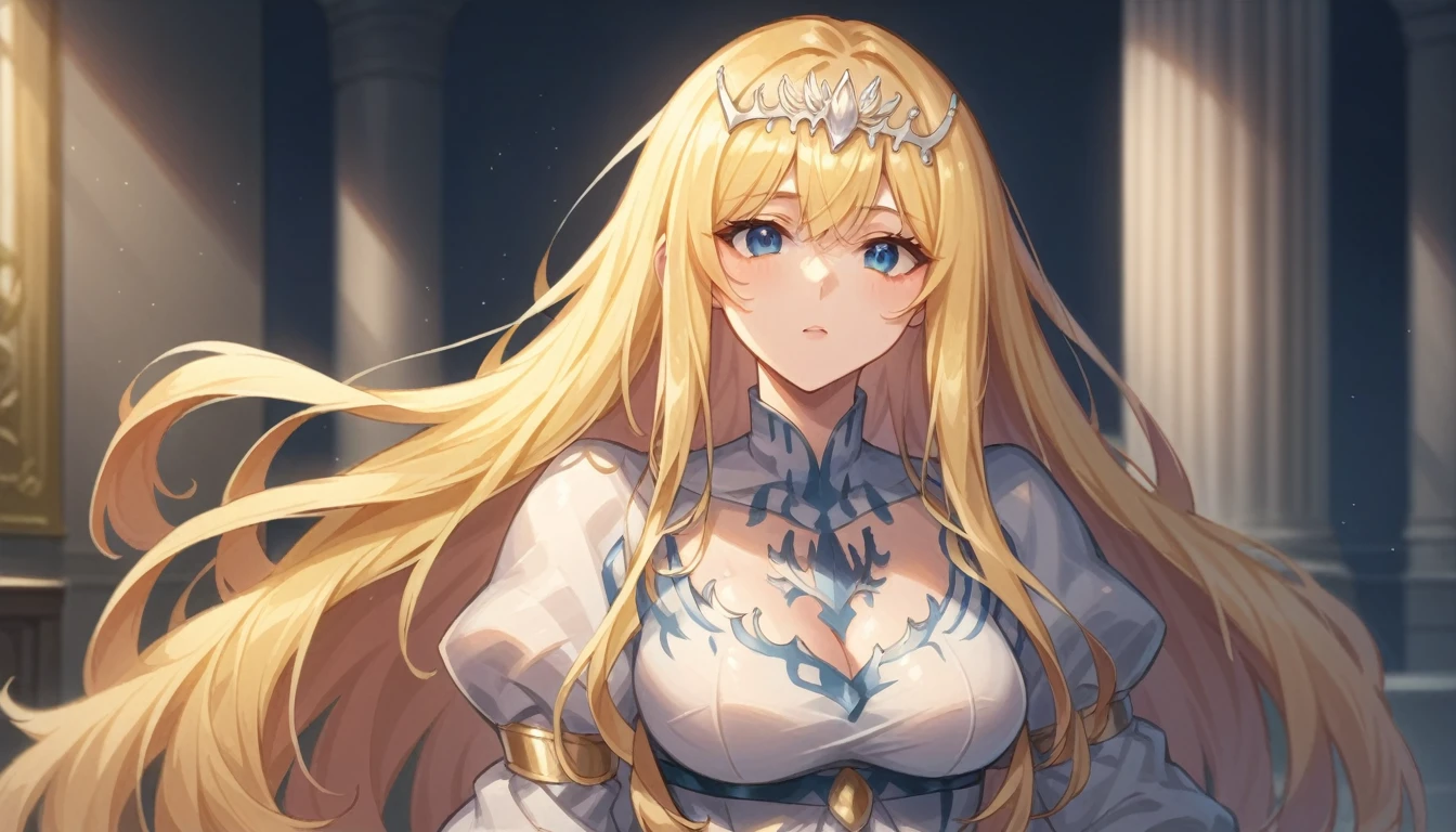 score_9, score_8_up, score_7_up, indoor, in luxurious room, day light,
BREAK
source_anime
BREAK
1girl, solo, Calca, Calca Bessarez, blonde hair, (extremely long hair1.3), very long hair, white tiara, white dress, blue eyes, medium chest,extremely long hair