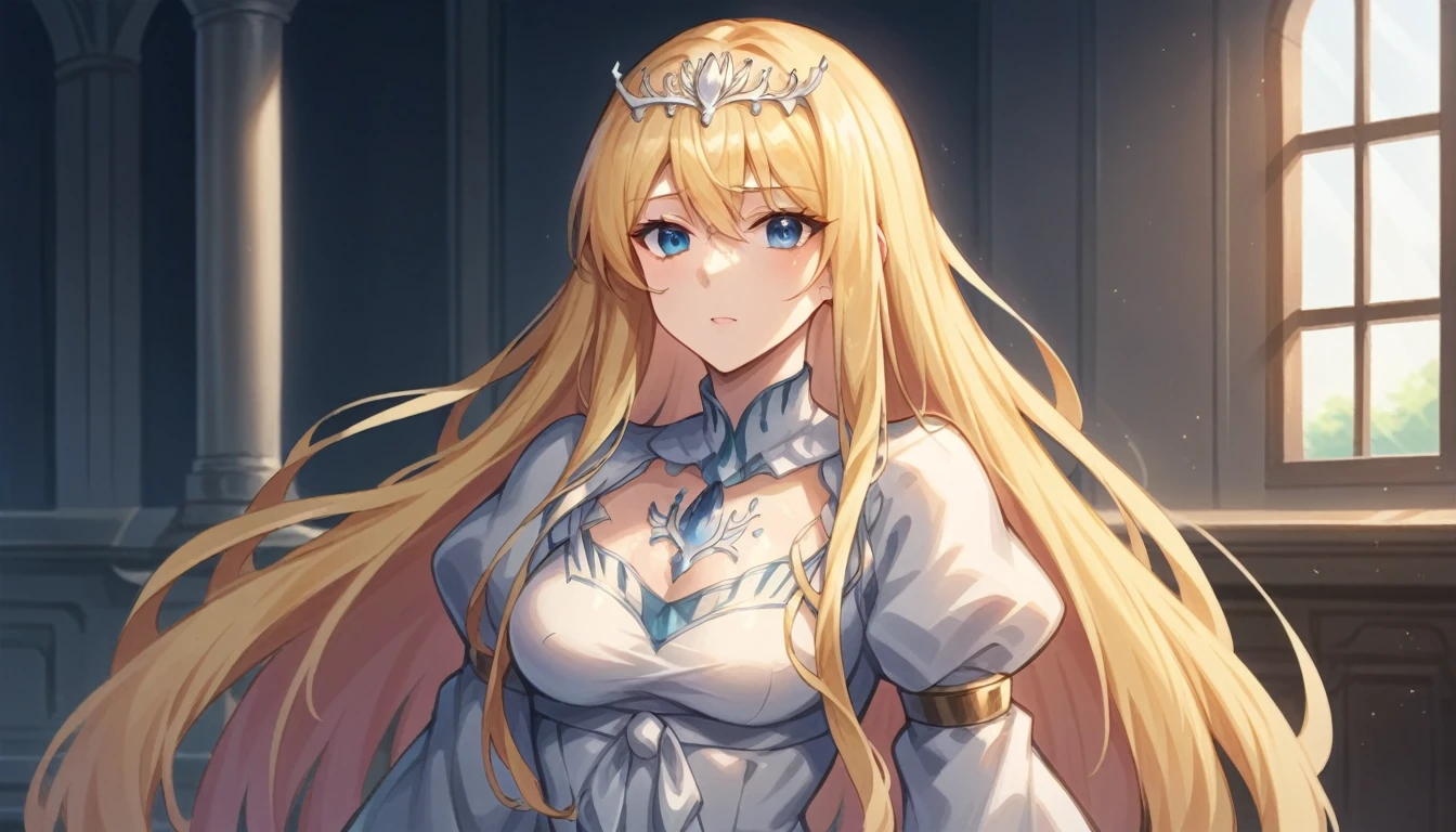 score_9, score_8_up, score_7_up, indoor, in luxurious room, day light,
BREAK
source_anime
BREAK
1girl, solo, Calca, Calca Bessarez, blonde hair, (extremely long hair1.3), very long hair, white tiara, white dress, blue eyes, medium chest,extremely long hair