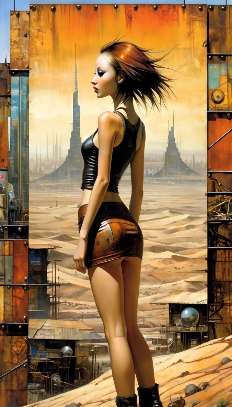 advertising signs in the desert, rusty smooth metal panels with screwed and welded parts, a girl in a leather miniskirt and tight tank top, pronounced nipples, in the distance you can see a futuristic city (art inspired by Dave Mckean, details intricate, oil painting)
