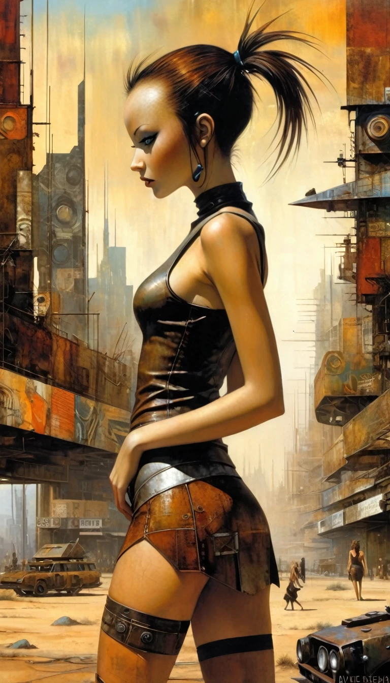 advertising signs in the desert, rusty smooth metal panels with screwed and welded parts, a girl in a leather miniskirt and tight tank top, pronounced nipples, in the distance you can see a futuristic city (art inspired by Dave Mckean, details intricate, oil painting)
