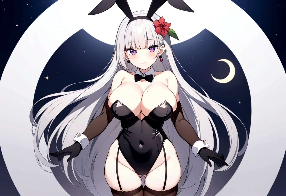 slender, mature female, breasts, 1girl, bunny_ears, leotard, long_hair, animal_ears, bare_shoulders, solo, garter_straps, gloves, black_gloves, rating:safe, large_breasts, thighhighs, cleavage, purple_eyes, jewelry, mole, earrings, very_long_hair, bunnysuit, looking_at_viewer, mole_on_breast, smile, black_legwear, detached_collar, black_leotard, highleg, highleg_leotard, strapless, hair_ornament, strapless_leotard, thighs, mole_under_eye, silver_hair, hairband, between_breasts, covered_navel, fake_animal_ears, ass_visible_through_thighs, thigh_gap, moon, blush, off_shoulder, cowboy_shot, groin, elbow_gloves, skindentation, closed_mouth, tail, standing, flower, bangs, black_neckwear, hair_flower, eyebrows_visible_through_hair, brown_legwear, collarbone, symbol-shaped_pupils, garter_belt