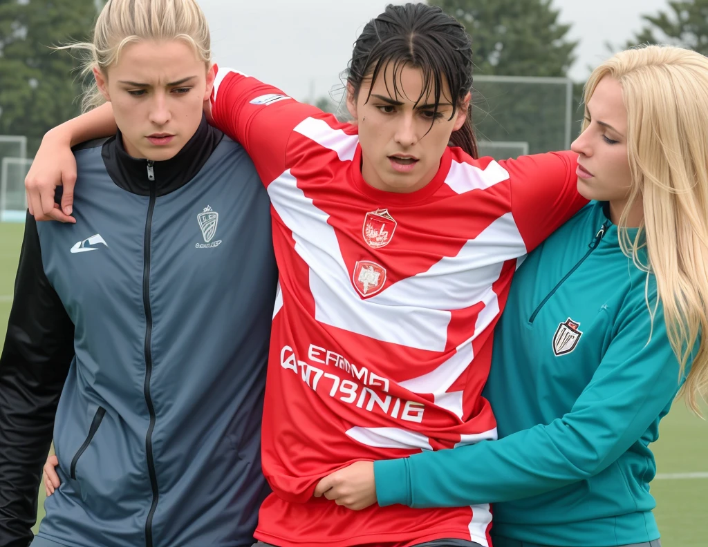 there are two women and a man standing on a soccer field, two long haired and made up women in extremely shiny and wetlook laquered coats support an injured arab male soccer player with short dark hair, wining, very sad, sport, super realistic, photorealistic, photo shoot, sports photography, injured, an injured male soccer player in red cotton sportswear cannot walk on his own due to a leg injury and has to be supported by two women, pity scene, dramatic action photo, an injured male soccer player in red cotton sportswear is in pain and is therefore carried off the soccer field by two very horrified looking women