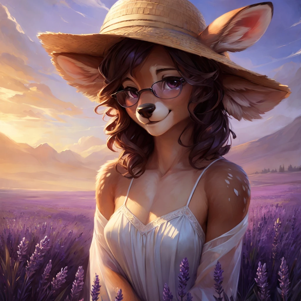 uploaded on e621, by Pixelsketcher, by Bayard Wu, by Thomas Benjamin Kennington , by Einshelm, by hioshiru and kenket, Chunie, portrait, solo anthro female deer doe, with small featureless breasts, clear dark blue, cinematic lighting, day, sunny day, lavender field, stays in a lavender field, lavender field background, mediterranean background, horizon background, shiny, short curly dark brown hair, wears big black nerd glasses, very very beautiful furry art, furry art, smiling, joyful, shiny, happy, feminine, cute face, muzzle, fluffy chest, flawless face, Fallow deer, 1girl, Sakimichan is beautiful, Masterpiece, Wavethesallow Face, shiny, Detailed image, portrait, Detailed image, portrait, full body, wearing pure white and wide spaghetti straps dress, wearing big and wide beige summer straw hat, shiny, realistic face, perfect anatomy, hourglass body, (furry body:1.1), anthropomorphic deer, looks at the viewer, small fluffy tail, detailed background, (cute anatomy:1.1), stands in a lavender field