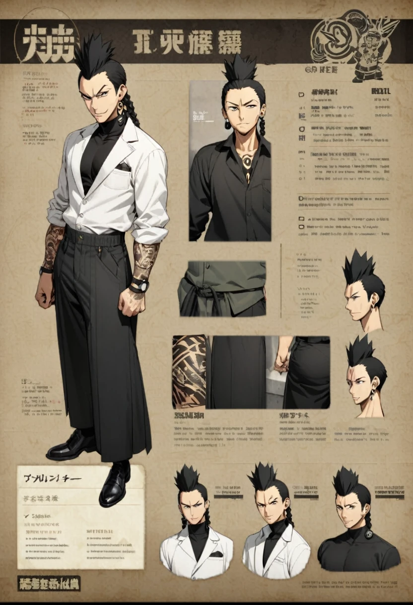 , mature male, green slick braids blacke hair, smart, tattoo, crossing fingers, street wearing (Shikamaru), summoning a barrier, sphere earrings, gangster, mafi,Character sheet, clothes sheet