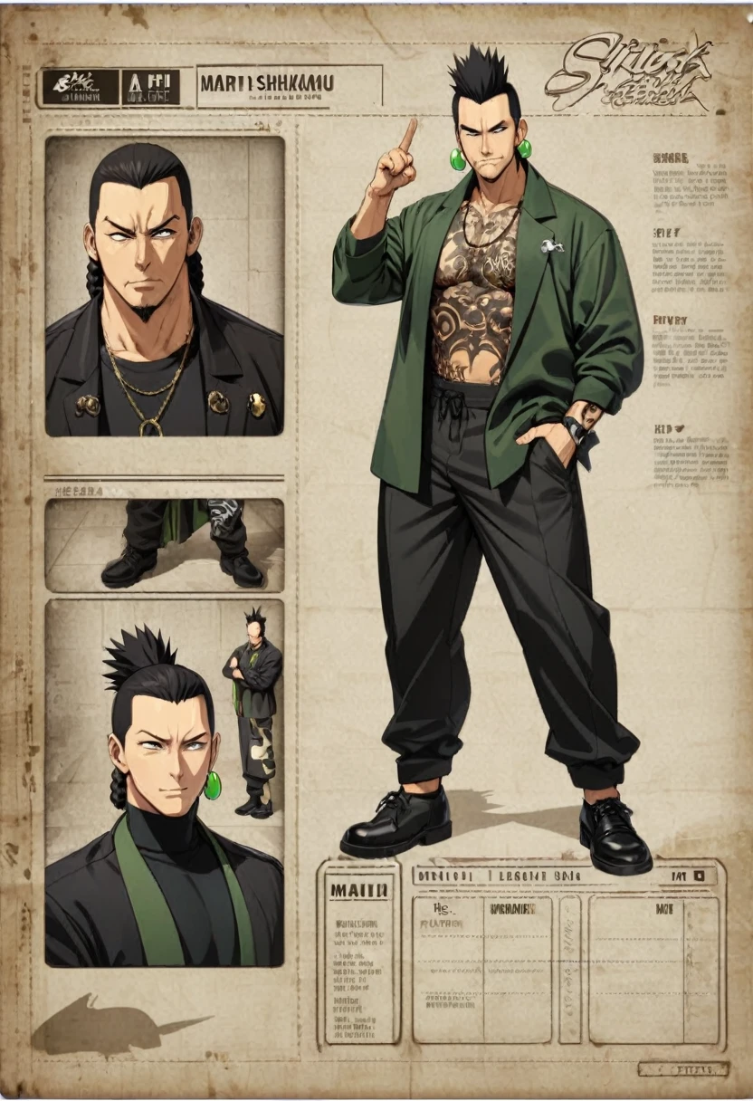 , mature male, green slick braids blacke hair, smart, tattoo, crossing fingers, street wearing (Shikamaru), summoning a barrier, sphere earrings, gangster, mafi,Character sheet, clothes sheet