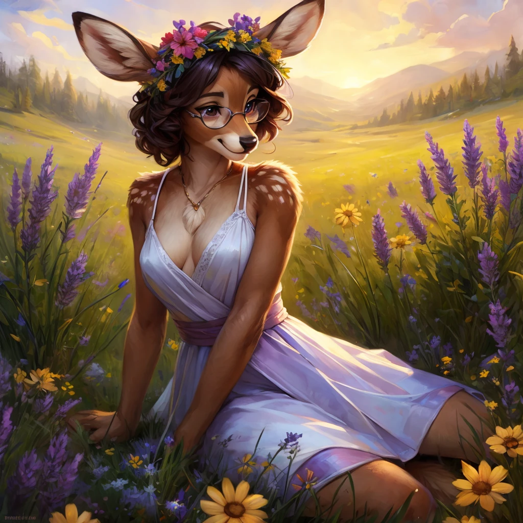 uploaded on e621, watercolor look, by Pixelsketcher, by Bayard Wu, by Thomas Benjamin Kennington , by Einshelm, by hioshiru and kenket, Chunie, portrait, solo anthro female deer doe, with small featureless breasts, clear dark blue, cinematic lighting, day, sunny day, lavender field, stays in a wildflowers field, wildflowers field background, mediterranean background, horizon background, shiny, short curly dark brown hair, wearing big black nerd glasses, very very beautiful furry art, furry art, smiling, joyful, shiny, happy, feminine, cute face, muzzle, fluffy chest, flawless face, Fallow deer, 1girl, Sakimichan is beautiful, Masterpiece, Wavethesallow Face, shiny, Detailed image, portrait, Detailed image, portrait, full body, wearing pure white short spaghetti straps dress, wearing a wildflowers wreath, shiny, realistic face, perfect , hourglass body, (furry body:1.1), anthropomorphic deer, looks at the viewer, small fluffy tail, detailed background, (cute :1.1), stands in a wildflowers field
