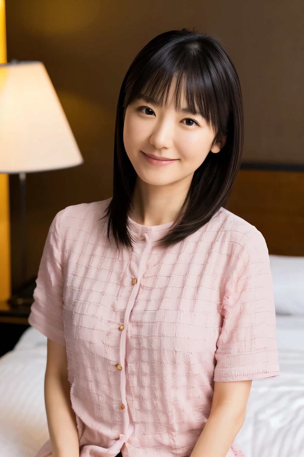 masterpiece, Best quality, Skinny Japanese woman, 40 years old, sexy nightwear, on the bed in a hotel room, correct body structure, slight smile, perfect face, detailed face, detailed eyes