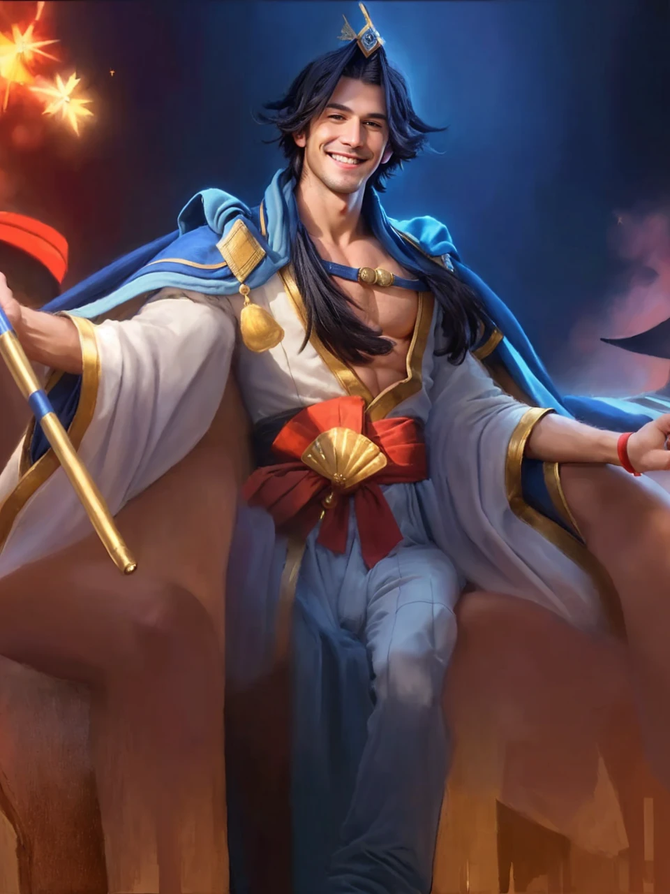 ((8k ((best quality)), ((masterpiece)), (very detailed), real face bald male muscular male full body wear soldier suit sit on bech smiling