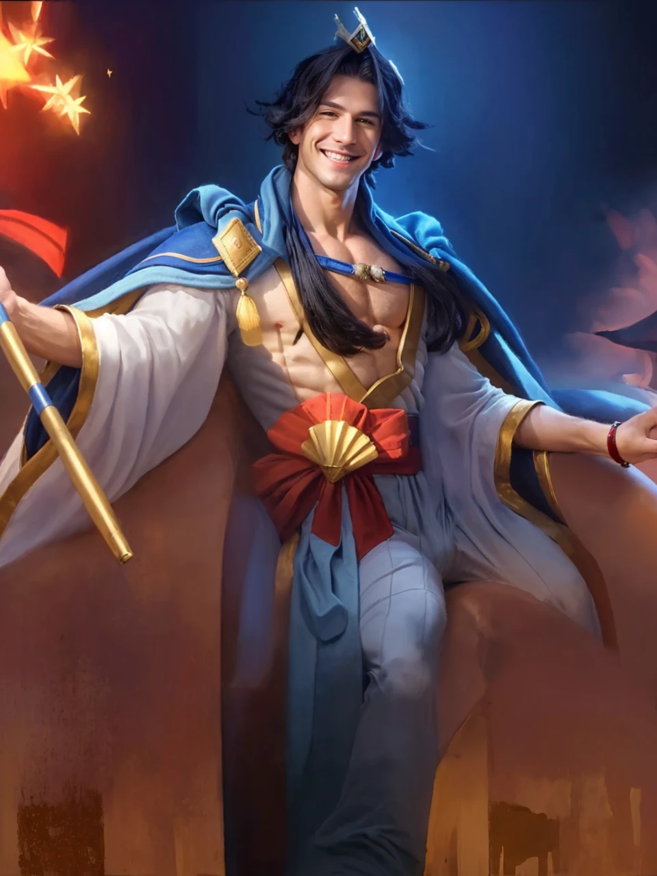 Arafed image of a man in a swordsman costume gomrang pants, shirt with open chest, alphonse mucha and rossdraws, by Yang J, inspired by Fenghua Zhong, colorful illustration, beautiful fantasy king king, inspired by Lan Ying, by Shen Zhou, beautiful artwork illustration, by Qu Leilei, by Yan Hui, by Zeng Jing, by Lu Guang