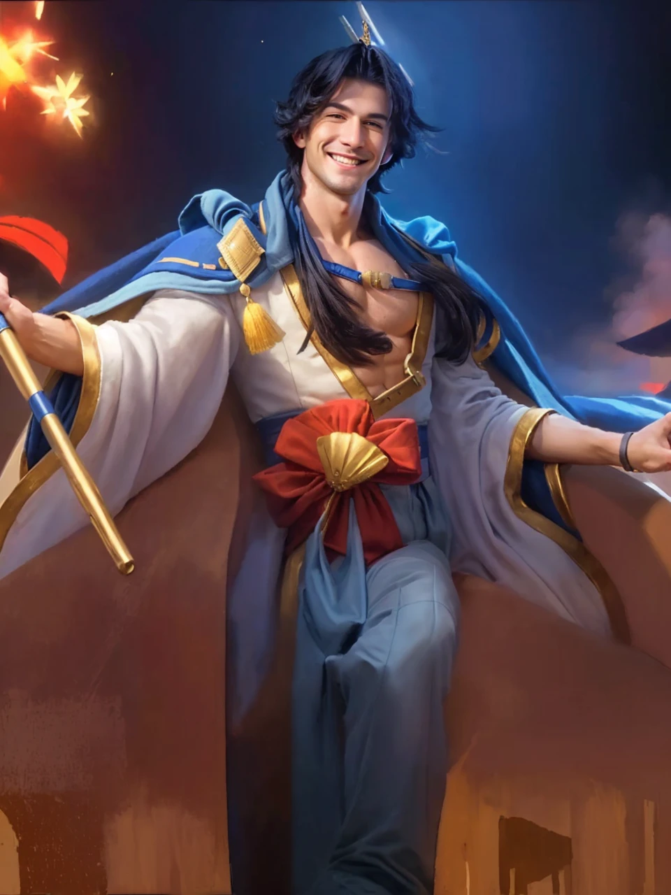 ((8k ((best quality)), ((masterpiece)), (very detailed), real face bald male muscular male full body wear soldier suit sit on bech smiling