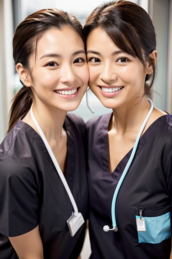 Dental hygienist, only two women Side by side, smiling, wearing brown medical scrubs Brown, short sleeves, cute, Japanese, black hair, female, early 20s Upper body close-up high resolution Highest quality Don't press your face too much