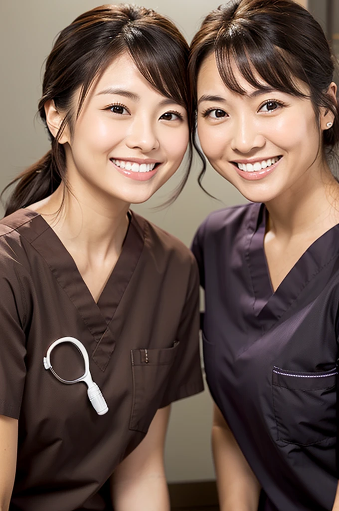 Dental hygienist, only two women Side by side, smiling, wearing brown medical scrubs Brown, short sleeves, cute, Japanese, black hair, female, early 20s Upper body close-up high resolution Highest quality Don't press your face too much