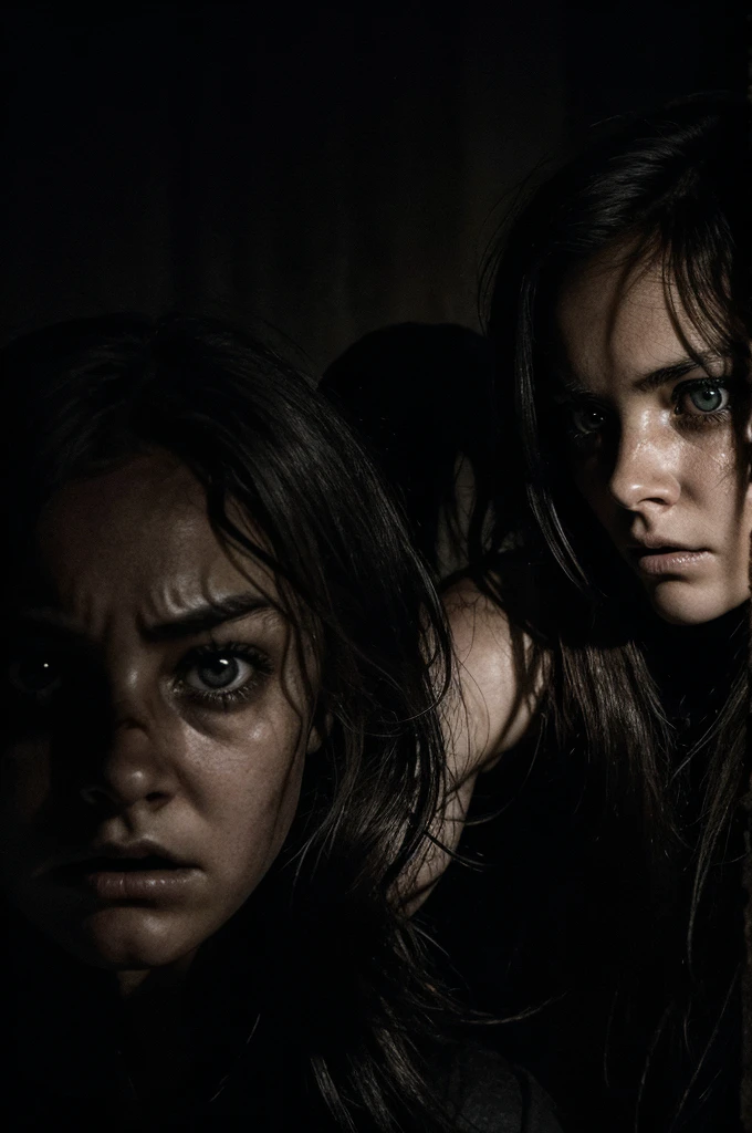 A dark, eerie setting with dim lighting. A menacing girl with disheveled hair and hollow eyes is trying to pull the head of a terrified person. The girl's expression is intense and frightening, and the scene exudes a sense of horror and tension. Shadows loom large, and the atmosphere is filled with a sense of dread."