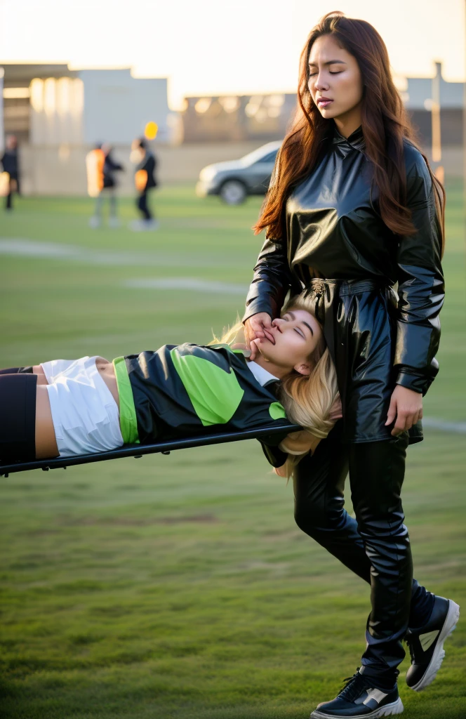 an excessively madeup age girl in a laquered coat, a passionately shouting teengirl in a laquered coat, there is a sportsman in white shorts and a white t-shirt lying injured on a stretcher, there is an injured sportsman who is covering his face on a stretcher, an injured sportsman is covering his face with his hands, an injured sportsman is writhing in ecstasy on a stretcher, dramatic pity pose, there is a latino woman in a high-shine puffy coat, a high-shine black down coat, a long black moncler coat, a wetlook down coat, a wet black laquered coat, a latino wife is wearing a wetlook black uniform, injured, medic, very professional, soccer action pose, affection pose, lecherous action pose, dramatic action pose, theatralic pose, there is an attractive woman that is carrying a skinny man, there is a beautiful woman in a shiny coat who is carrying a blond man on a wetlook orange stretcher, a longhaired beautiful woman in a high-shine black puffy coat, a longhaired woman in a shiny downcoat, a woman is carrying a shorthaired man who is wearing shorts and a t-shirt, a weak man in spots shorts is consciousless and needs to be carried, a shorthaired man with closed eyes is carried on a stretcher by a longhaired woman, a woman looks very scared and terrified, a consciousless man with closed eyes is suffering very much and has a very painful face, photo, photo shoot, photographed , accident, help, aid, first aid, pity