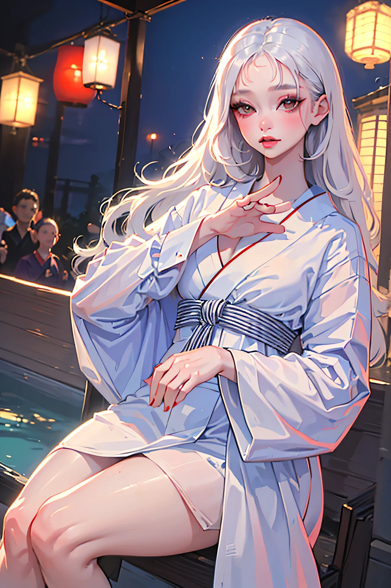(best quality)), ((masterpiece)), (Very detailed: 1.3),{(Japanese young girl)}, White Theme, (Wear scarlet hakama:1.2), Wear anime witch costume,Ultra HD 16k,White hair, Red iris, Big, bright black eyes, Long eyelashes, Small, pale natural lips, (Average face of Japanese idol), (Japanese unique baby face:1.3), (baby face), Wide forehead:1.2, Plump cheeks, Small chin, Lateral breasts are pronounced,Looking at the audience,Focus on the eyes, (Perfect four fingers, 1 thumb),Extra large breasts,Great body