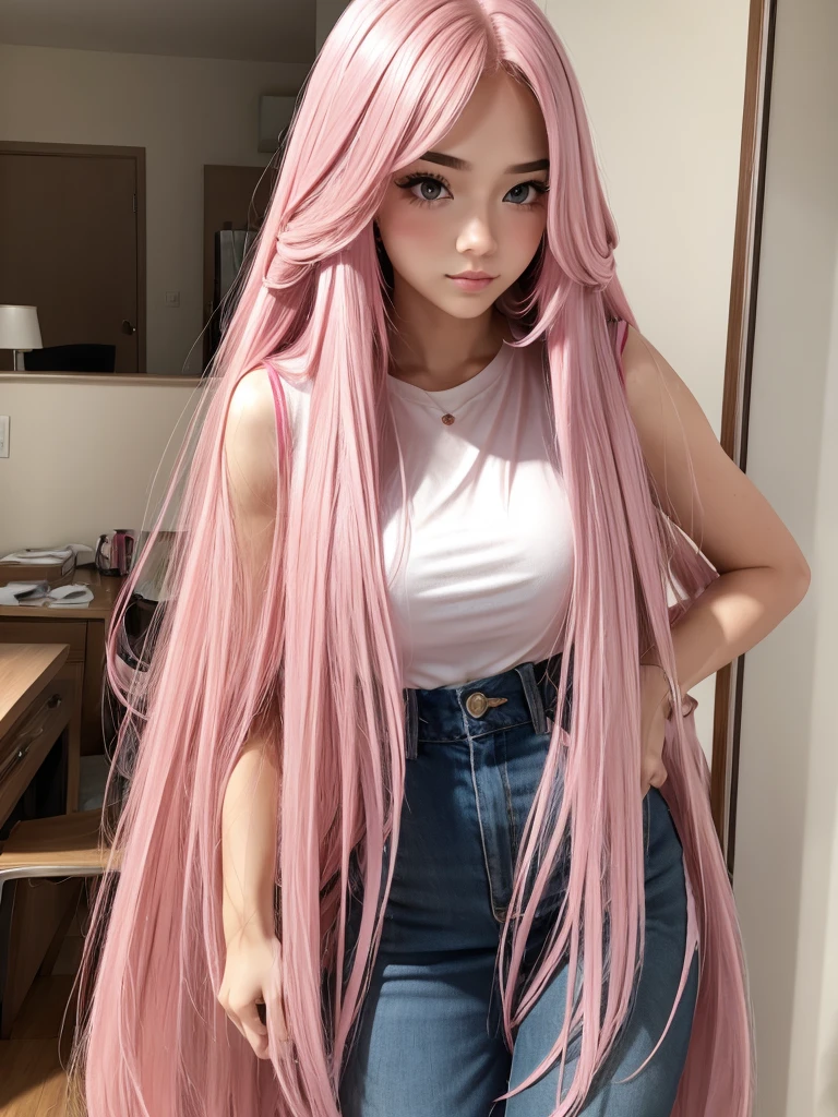 beautiful girl pink long hair .