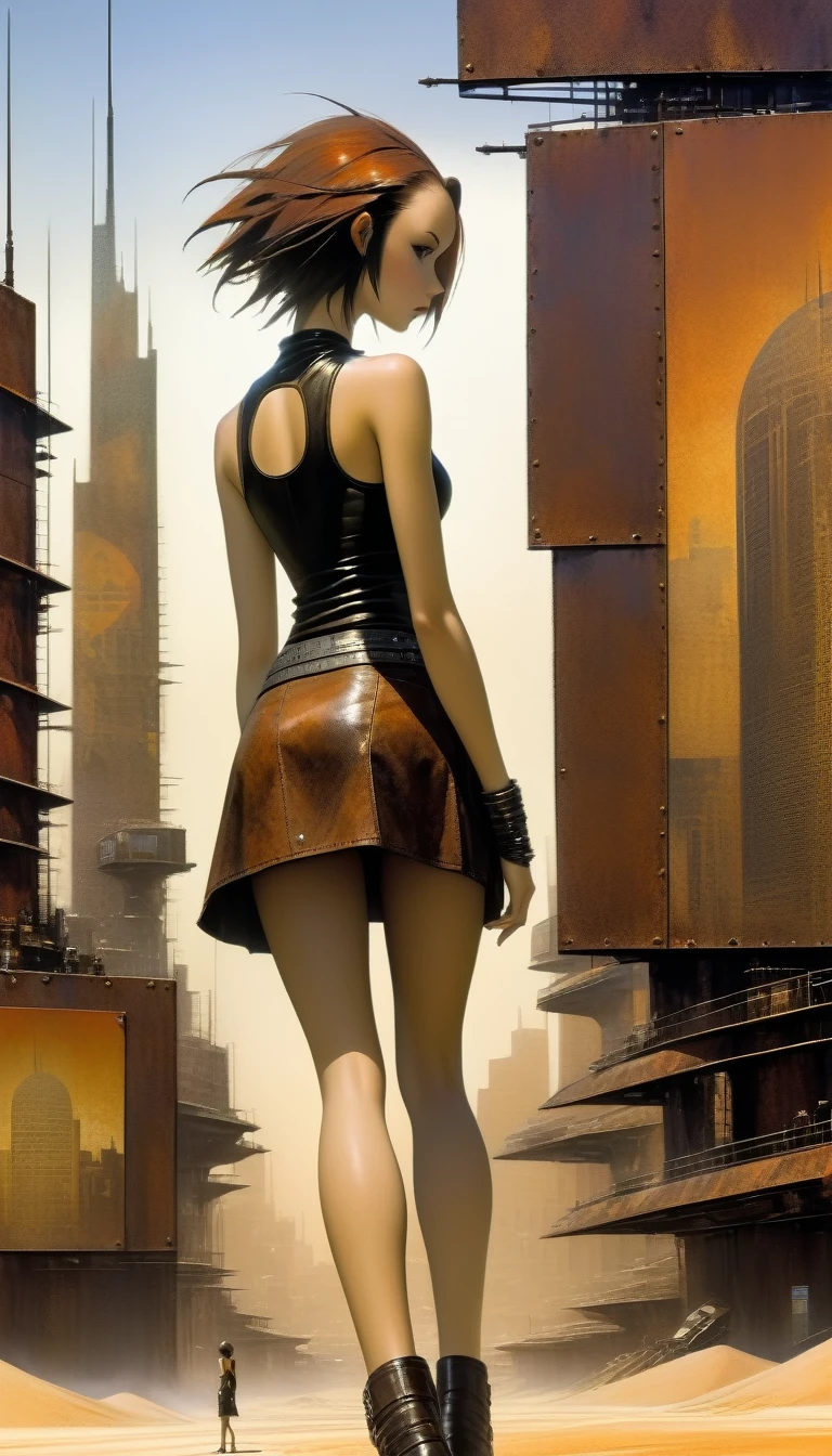 advertising signs in the desert, rusty smooth metal panels with screwed and welded parts, a girl in a leather miniskirt and tight tank top, pronounced nipples, in the distance you can see a futuristic city (art inspired by Dave Mckean, details intricate, oil painting)