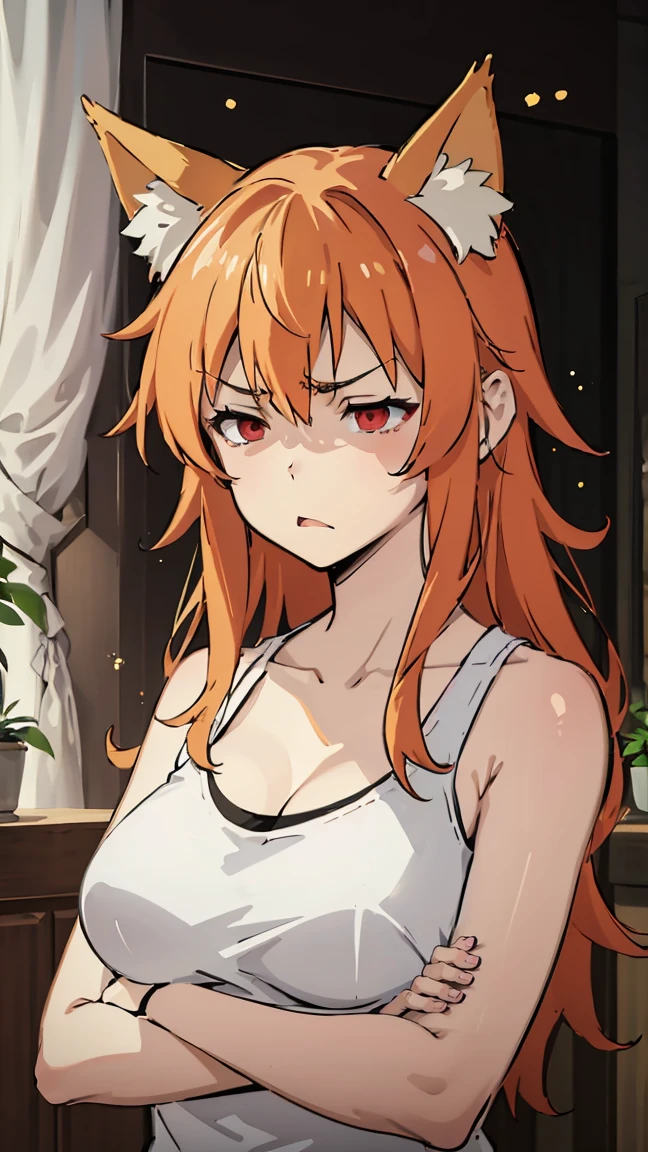 1girl, v-shaped eyebrows, wild long hair, orange hair, red eyes, fox ears, large breast, annoyed face, wallpaper, landscape, depth of field, morning, living room, glance left, crossed arms, light particles, light rays, sidelighting, (black tanktop),  