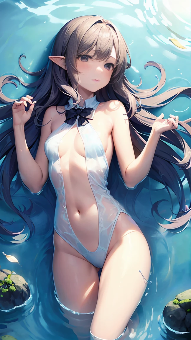 Claude Monet style, Impressionism, 1 Girl, Focus on the upper body, whole body, Silver short hair, Pool, Wet, ((bow)), Elf Ears, Pass the nipple through, transparent,薄いtransparentな布を着る, Swim gracefully in the water, Long hair swaying in waves, Fascinating, Under the sea where the sunlight shines, mysterious, wonderful, ((masterpiece)),((Highest quality)),((Super detailed)),((Delicate illustrations)),((Very delicate and beautiful)) ,Beautiful 11歳の日本人少女のwhole body、 Take off your panties、(((Completely naked))),Show your face,dawn、Lighting at dusk、deep sea