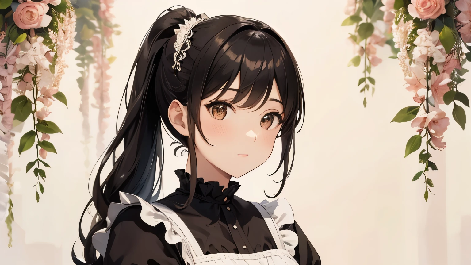A beautiful girl wearing a brown maid outfit with lots of frills and lace　Black hair ponytail with hair ornament　Upper Body