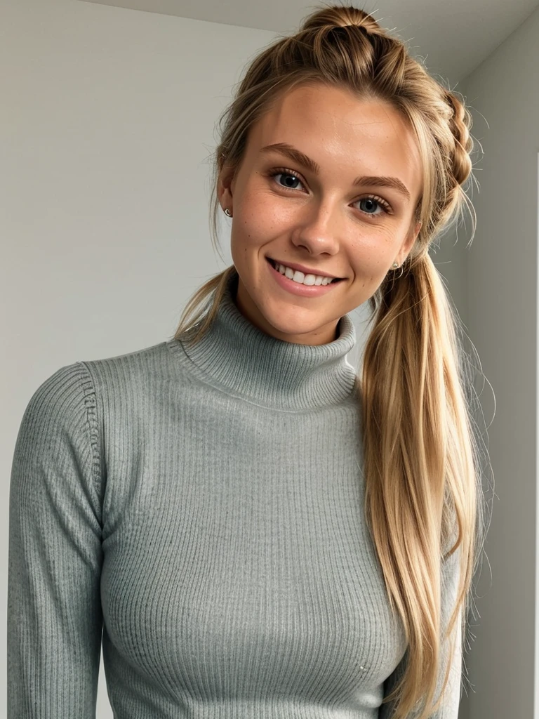 photo of a skinny blonde teen submissive wife messy long hair thrown into a messy bun ponytail. She wears: (turtleneck high ribbed bright tight sweater:1.1), submissive seductive pose, high tight ribbed neck, seductive smile, perfect fake tits, turtleneck top, wet clothes