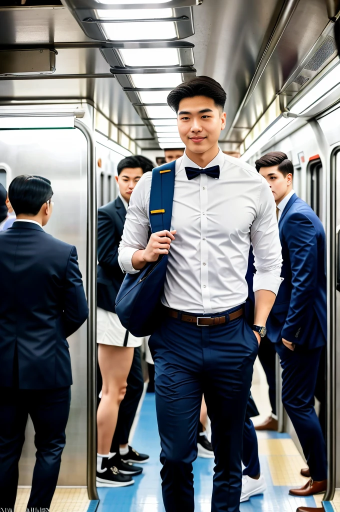 1人，A 20-year-old man in the subway，Standing in a subway car，Ultra-flat head，Wearing a suit and pants，huge bulge, leg apart，musculous，Handsome，Look at your phone，Wear AirPods，Wear an Apple Watch， backpack，white short socks，White sneakers，pervert smirk，exhilarated，full bodyesbian，Exposing thighs，Expose calves，Thick leg hair，In crowded subway cars，gentlesoftlighting，tmasterpiece，best qualtiy，8K UHD，digital SLR camera，filmgrain，Fujifilm XT3 Realistic painting art，Written by Midjourney and Greg Rutkowski