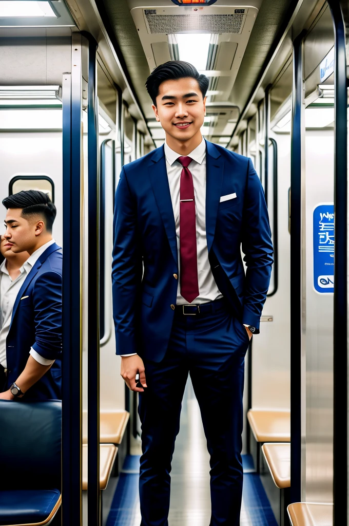 1人，A 20-year-old man in the subway，Standing in a subway car，Ultra-flat head，Wearing a suit and pants，huge bulge, leg apart，musculous，Handsome，Look at your phone，Wear AirPods，Wear an Apple Watch， backpack，white short socks，White sneakers，pervert smirk，exhilarated，full bodyesbian，Exposing thighs，Expose calves，Thick leg hair，In crowded subway cars，gentlesoftlighting，tmasterpiece，best qualtiy，8K UHD，digital SLR camera，filmgrain，Fujifilm XT3 Realistic painting art，Written by Midjourney and Greg Rutkowski