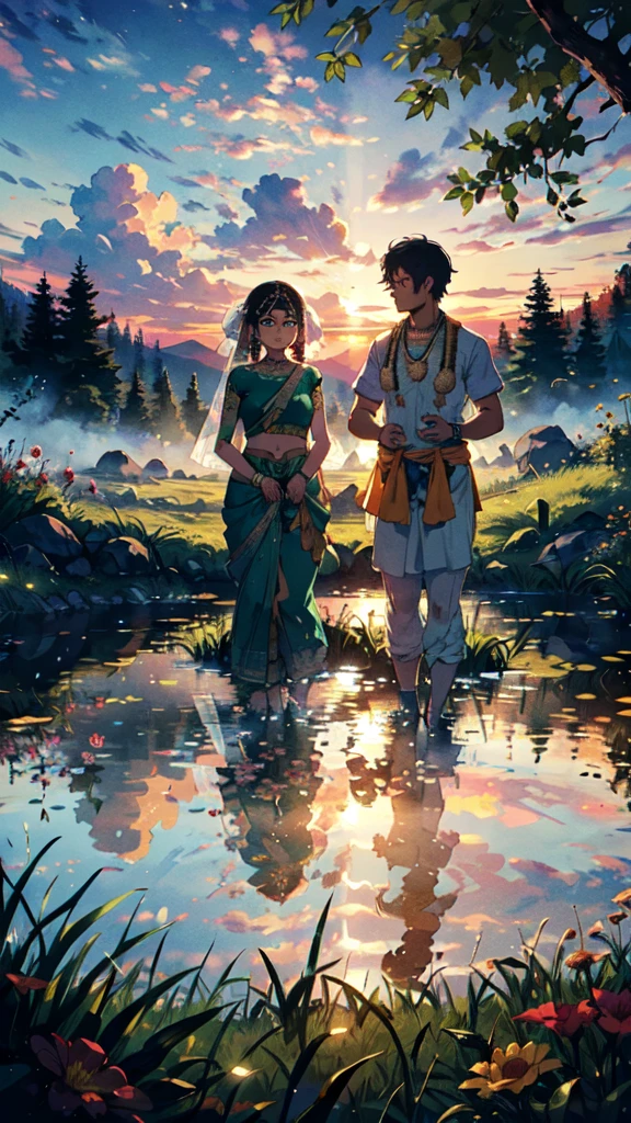 beautiful sunset, hindu temple, newly married south indian couple in traditional saree and doti outfit, decorative flower garland in thier neck, BREAK (masterpiece, best quality:1.2), outdoors, nature, forest, pines, grass, tall grass, detailed grass, plants, day, clouds, flower