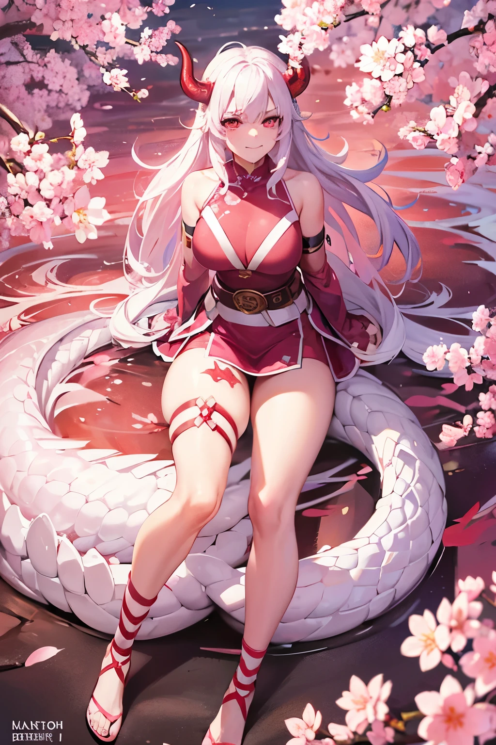 1 girl, cherry blossom dragon design, with muscles, white hair, with dragon horns, pink eyes, with braid on the right side, cherry blossom clothes, angry smile, scar on right cheek, bandages on the arms, full body, pink belt