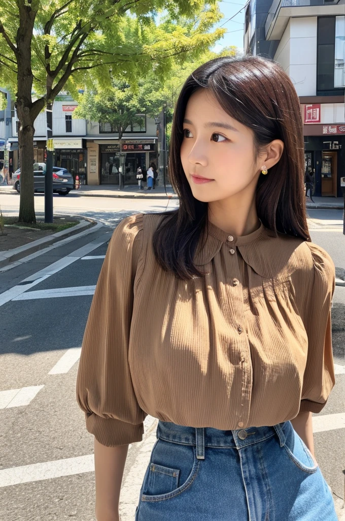 ((Highest quality)), ((masterpiece)), (detailed), Japanese,Street Corner,Beauty,OL,cute,blouse