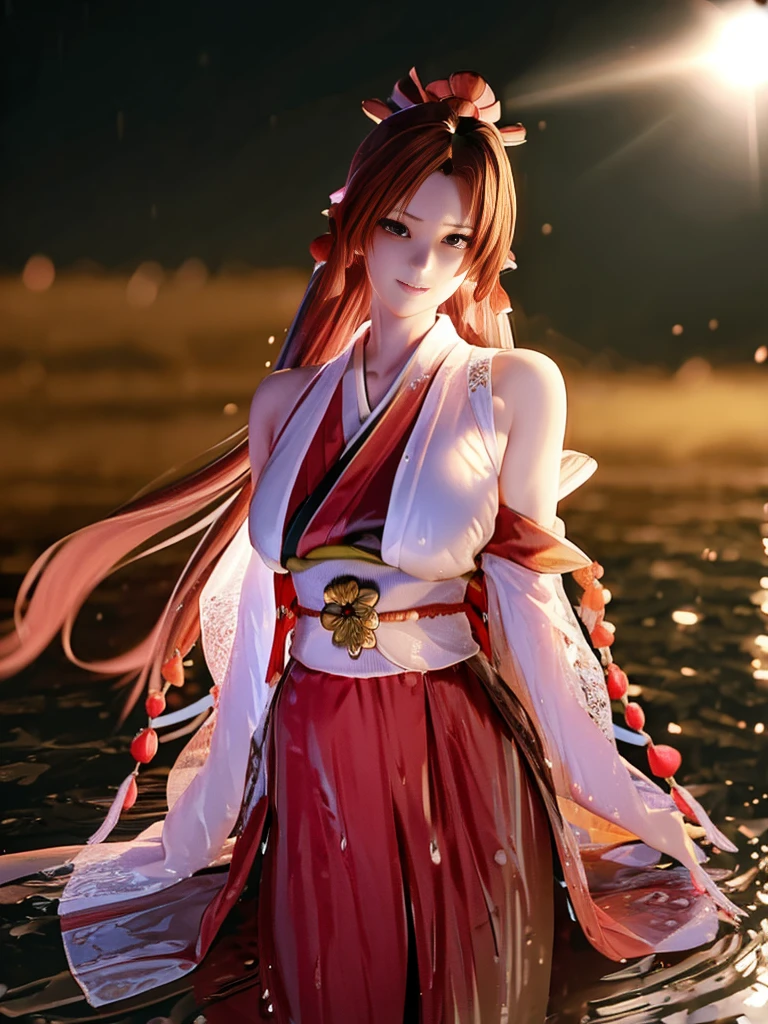 intricate details, strong lighting, light particles, masterpiece, absurdres, best quality, best aesthetic, Beautiful breast, huge breast, highres, an extremely delicate and beautiful, an extremely detailed and delicat, ethereal, 1girl, solo, two tone hair, black hair, red hair, long hair, floating hair, red eyes, beautiful detailed eyes, japanese_clothes, zettai_ryouiki, embroidery, fighting pose, good hands, looking at viewer, expressionless, closed mouth, night, starry sky, star, flame scenery, incredibly absurdres, ultra detailed, high resolution, realistic lighting, photorealism, hyperrealism,masterpiece,vibrant colors,stunning visuals,ultra skin texsture,stable diffusion,perfect anatomy,crazy details