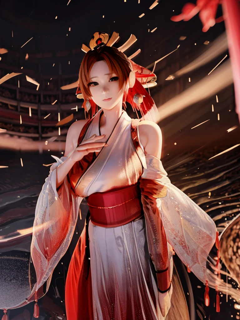 (exquisitely detailed CG unity 8k wallpaper, masterpiece-quality with stunning realism), (best illumination, best shadow), (best quality), (elegant style:1.2), Arti modern anime. angled view, heroic pose, midshot, (cel-shading style:1.3), centered image, ultra detailed closeup portrait of (Mai Shiranui:1) from (King of Fighters), best quality, expressive eyes, perfect face, highres, (ultra details), 1 girl, solo, brown hair, hair ornament, eyeshadow, gold, white and red qipao, highly ornamented, in the city of Japan, portrait, looking at the viewer, piercing eyes, full body, (light from the angle:1) (wind blowing:1.2).(depth of field effects:1.3) (motion action:1.2) (closeup:1.2) (angled closeup photography:1), (motion blur effects:1), wide angles, spreading feet, Thin to transparent,see-through,(((Soggy-kimono:1.2))),Lace fabric, (((water-immersed body: 0.9))),jewelry, relaxing pose