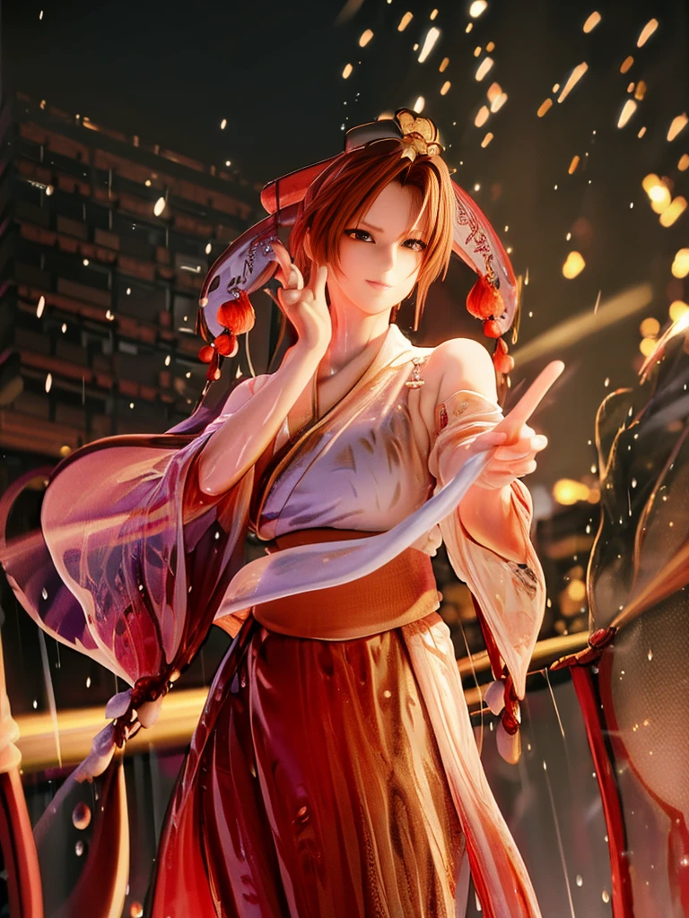 (exquisitely detailed CG unity 8k wallpaper, masterpiece-quality with stunning realism), (best illumination, best shadow), (best quality), (elegant style:1.2), Arti modern anime. angled view, heroic pose, midshot, (cel-shading style:1.3), centered image, ultra detailed closeup portrait of (Mai Shiranui:1) from (King of Fighters), best quality, expressive eyes, perfect face, highres, (ultra details), 1 girl, solo, brown hair, hair ornament, eyeshadow, gold, white and red qipao, highly ornamented, in the city of Japan, portrait, looking at the viewer, piercing eyes, full body, (light from the angle:1) (wind blowing:1.2).(depth of field effects:1.3) (motion action:1.2) (closeup:1.2) (angled closeup photography:1), (motion blur effects:1), wide angles, spreading feet, Thin to ,see-through,(((Soggy-kimono:1.2))),Lace fabric, (((water-immersed body: 0.9))),jewelry, relaxing pose