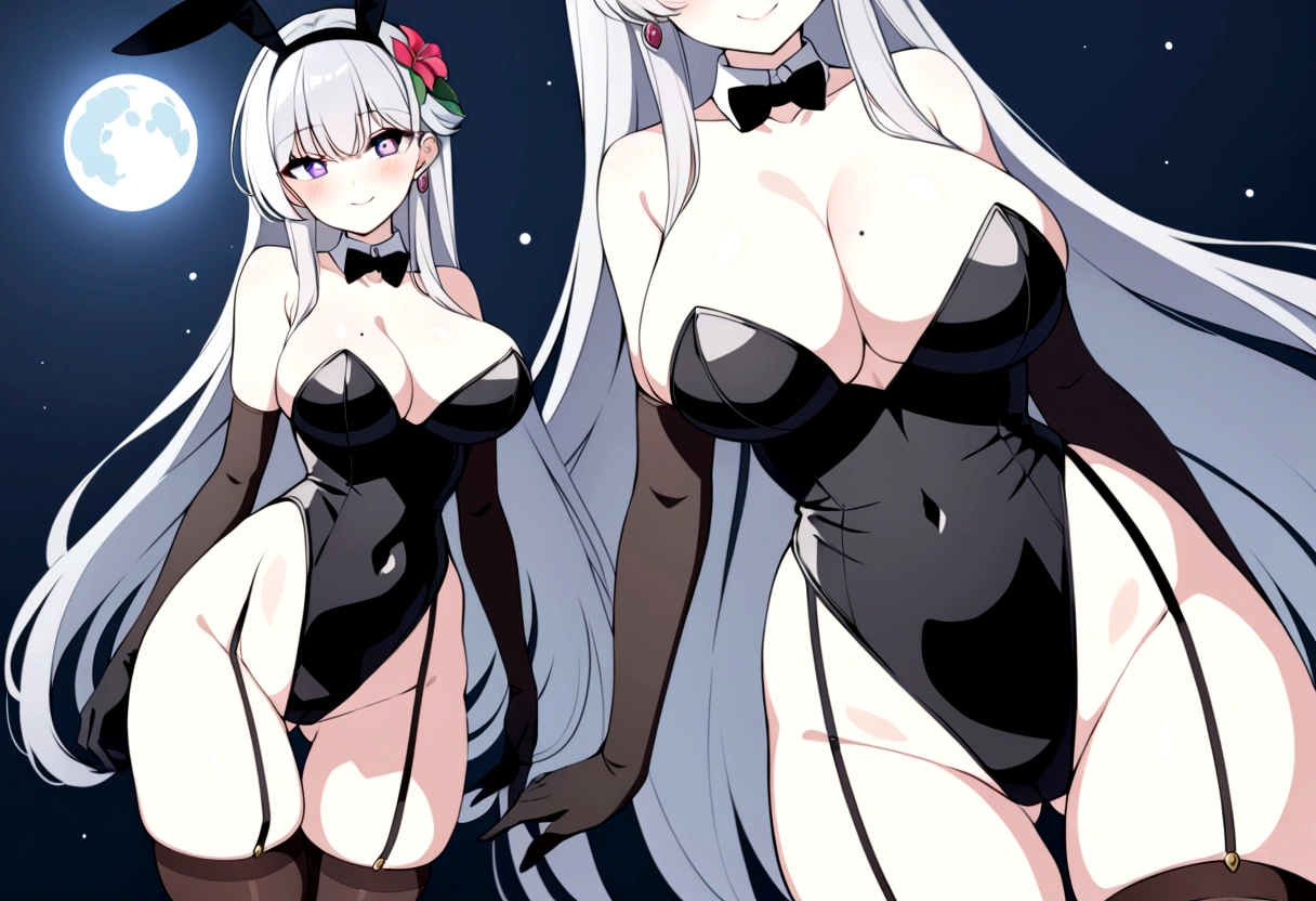 slender, mature female, breasts, 1girl, bunny_ears, leotard, long_hair, animal_ears, bare_shoulders, solo, garter_straps, gloves, black_gloves, rating:safe, large_breasts, thighhighs, cleavage, purple_eyes, jewelry, mole, earrings, very_long_hair, bunnysuit, looking_at_viewer, mole_on_breast, smile, black_legwear, detached_collar, black_leotard, highleg, highleg_leotard, strapless, hair_ornament, strapless_leotard, thighs, mole_under_eye, silver_hair, hairband, between_breasts, covered_navel, fake_animal_ears, ass_visible_through_thighs, thigh_gap, moon, blush, off_shoulder, cowboy_shot, groin, elbow_gloves, skindentation, closed_mouth, tail, standing, flower, bangs, black_neckwear, hair_flower, eyebrows_visible_through_hair, brown_legwear, collarbone, symbol-shaped_pupils, garter_belt
