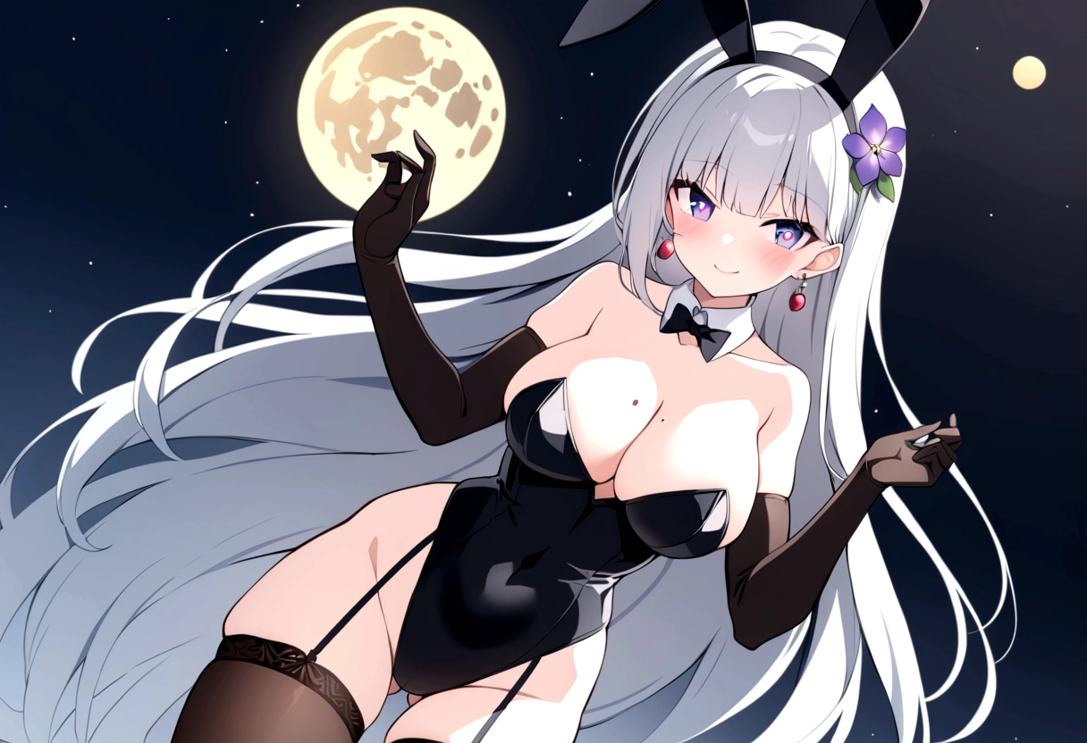 slender, mature female, , 1girl, _ears, leotard, long_hair, animal_ears, _shoulders, solo, garter_straps, gloves, black_gloves, rating:safe, large_, thighhighs, , purple_eyes, jewelry, mole, earrings, very_long_hair, bunnysuit, looking_at_viewer, mole_on_, smile, black_legwear, detached_collar, black_leotard, highleg, highleg_leotard, strapless, hair_ornament, strapless_leotard, thighs, mole_under_eye, silver_hair, hairband, between_, covered_navel, fake_animal_ears, _visible_through_thighs, thigh_gap, moon, blush, off_shoulder, cowboy_shot, , elbow_gloves, , closed_mouth, tail, standing, flower, bangs, black_neckwear, hair_flower, eyebrows_visible_through_hair, brown_legwear, collarbone, symbol-shaped_pupils, garter_belt