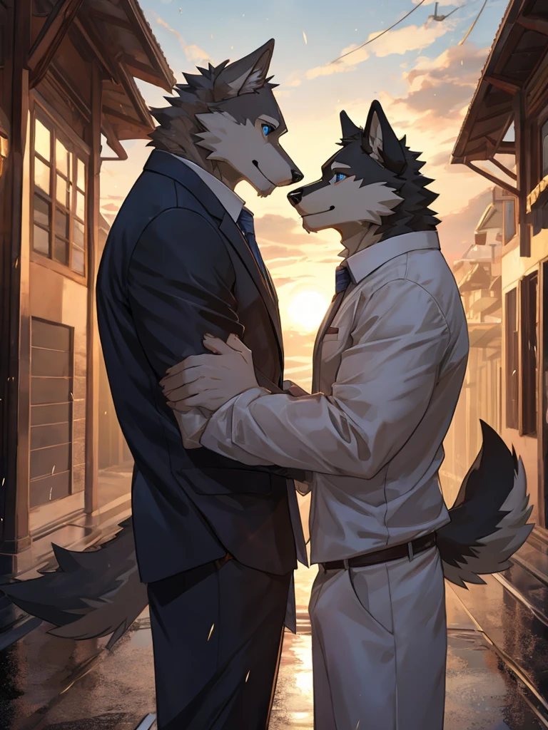 Furry,two wolves,Male,Standing looking at each other in the pouring rain,Detailed, realistic colored eyes,One wolf had completely black fur and the other had white fur.,Wearing a white office uniform,Behind is the road.,The sun is set.,8k,hdr