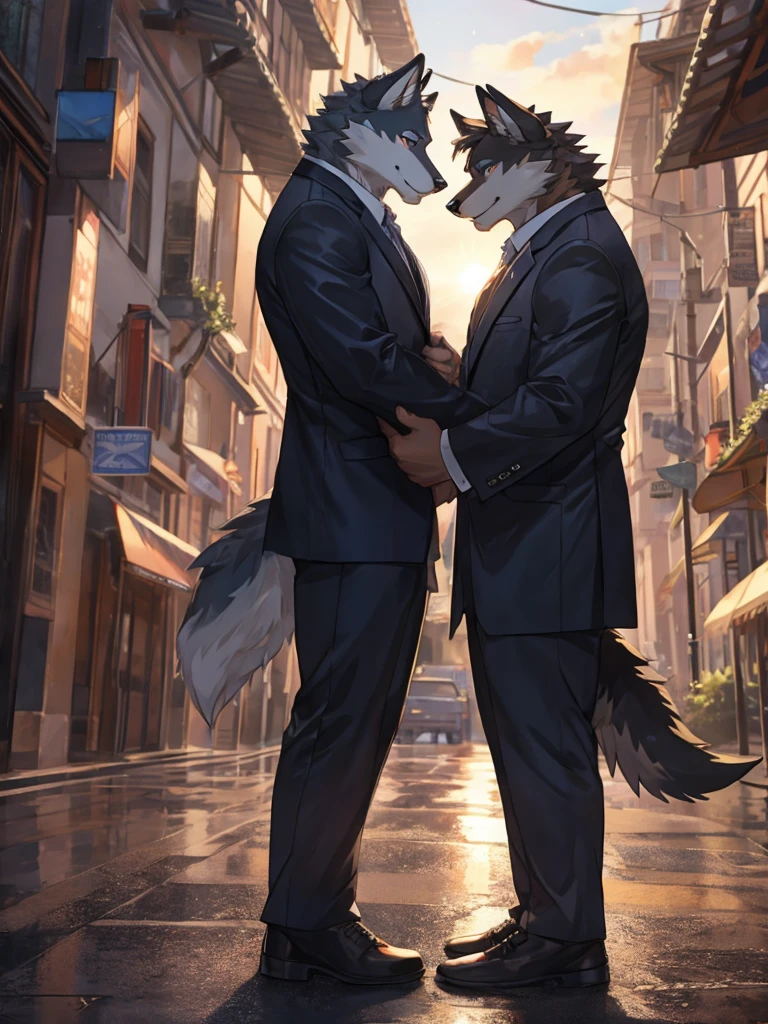 Furry,two wolves,Male,Standing looking at each other in the pouring rain,Detailed, realistic colored eyes,One wolf had completely black fur and the other had white fur.,Wearing a white office uniform,Behind is the road.,The sun is set.,8k,hdr