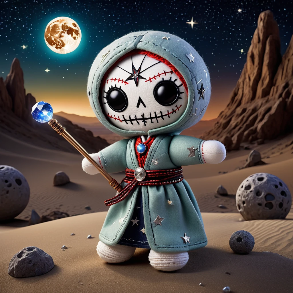 (knitted toy voodoo doll:1.5), (Voodoo Doll in a Magnetic Desert:1.3), (Clothing: desert explorer attire with sand patterns:1.0), (Accessories: enchanted compass emitting magnetic light, floating metal fragments:1.1), (background: surreal desert with shifting sands, magnetic rocks, and glowing oases:1.2), best quality, masterpiece, detailed soft oil painting, detailed background, dramatic cinematic lighting, soft edge lighting, professional, dramatic lighting, hard edge lighting, ultra quality, 4k, masterpiece, best quality, 8k, ultra high definition, high resolution, extremely detailed
