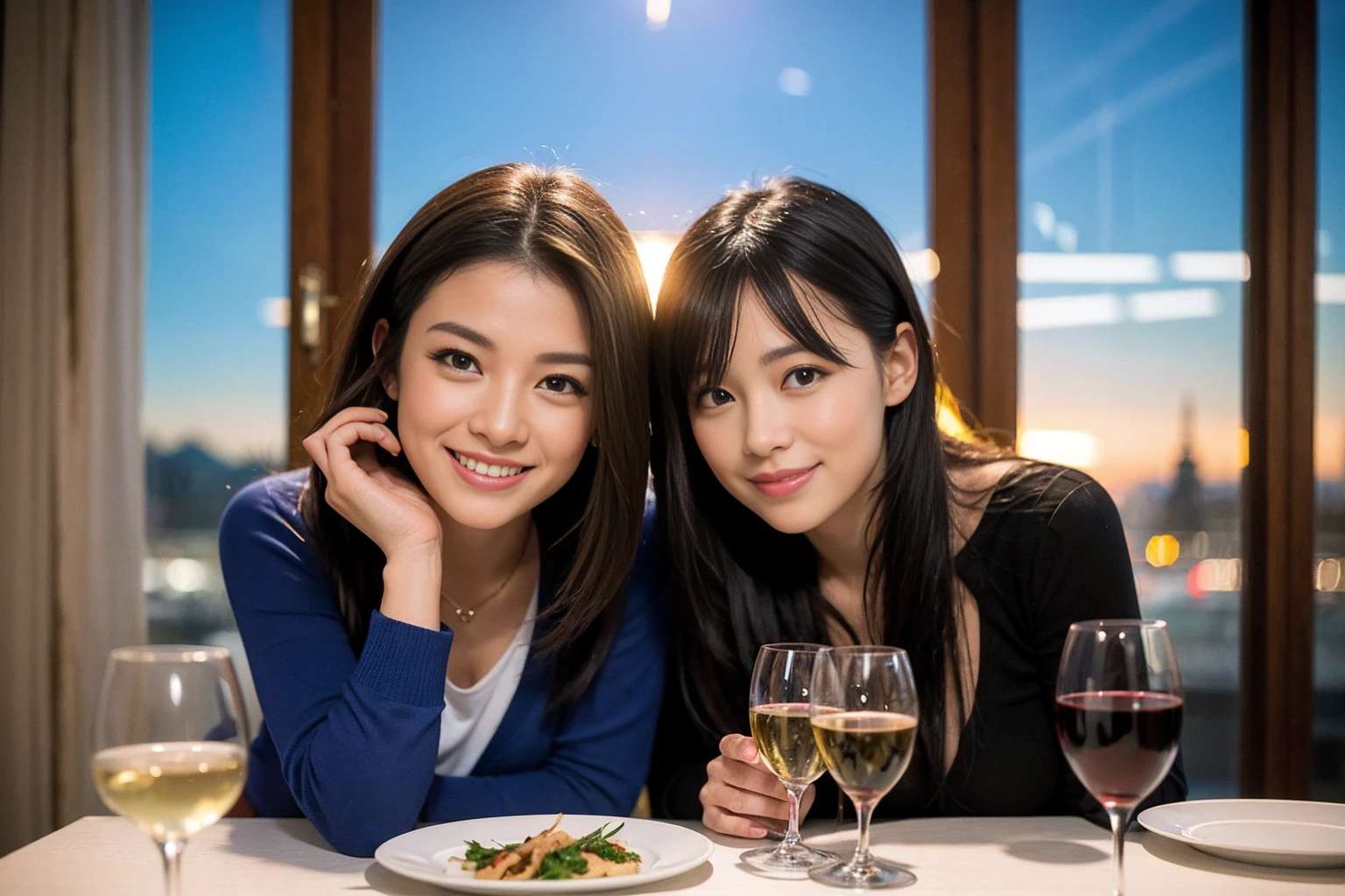 ((Highest quality、8K、masterpiece:1.3))、Sharp focus:1.2、Beautiful woman perfect body:1.4、最高のsmile、1 male 1 female、Beautiful couple、love love love、Lovers in Paris、Good friends、actressカップル、smile、Full-course dinner at a packed table、slimなボディ、((Bob Hale、Straight hair:1.2))、(to be born, Highest quality, masterpiece:1.5), (Realistic, Intricate details:1.2), テーブルにwine glass、Put the light on your face、 Amazing view of the sunset sky and clouds、Amazing mountain views、ニコニコ明るいsmile、smileの素敵な女性、Bright image、2. The beauty of wine, Beautiful Face, blue eyes, The light shines on your face, Blushing, short hair,Bright Face、Fox face、 (43 years old), 39 years old, Lady、red wine 、Appetizers、Italian food、Wine bottle、Champagne、sparkling wine、Two beauties、Brown Hair、Shortcuts、Long sleeve shirt、dress、Beautiful woman 1, (slimな顔), (The body is slim), (Brown Hair), (Shortcuts), cheeks turn a little red,Attractive beauty、, Out of the window, Beautiful and detailed night view.........., restaurant, In a prominent place (From the waist up) Nova Frog Style, actress, model, Upper Body, White wine, slim, wine glass, 真ん中に置かれたwine glass, smile, (smile: 1.15), Beautiful fine grain, Depth f/2,saturation, High Contrast, Strong light and shadow,Moist Body:1.5、3D texture、Delicate eyes、Brown Hair、The hair is very shiny、